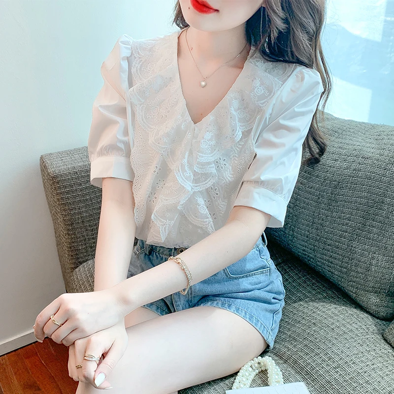 

Summer Women Blouses Short Sleeve Shirts Womens Blusas Mujer De Moda 2022 V Neck Ruffle Panel Lace Women Shirts Tops Clothes