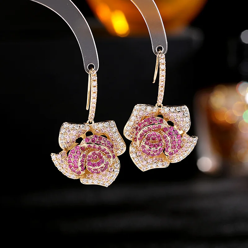 

New Style Earrings for Women Exaggerated Dinner Party CZ Fashion Personality Ear Hook Three-dimensional Camellia Earrings