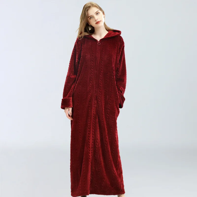 Flannel Women's Bathrobe Zipper Hooded Warm Soft Ladies Thick Dressing Gown Pocketslong Sleeve Home Clothes For Female Winter