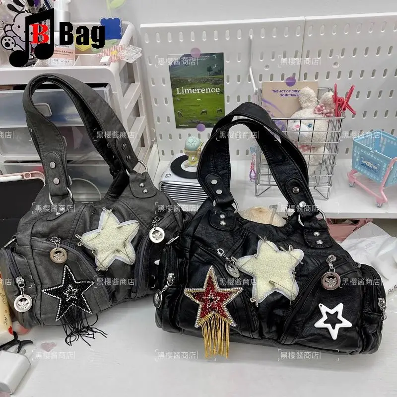 

Y2k Girl Vintage Harajuku Lolita Punk Women Soft Leather Star Locomotive Bag Handbag Advanced One Shoulde Large Capacity Bag
