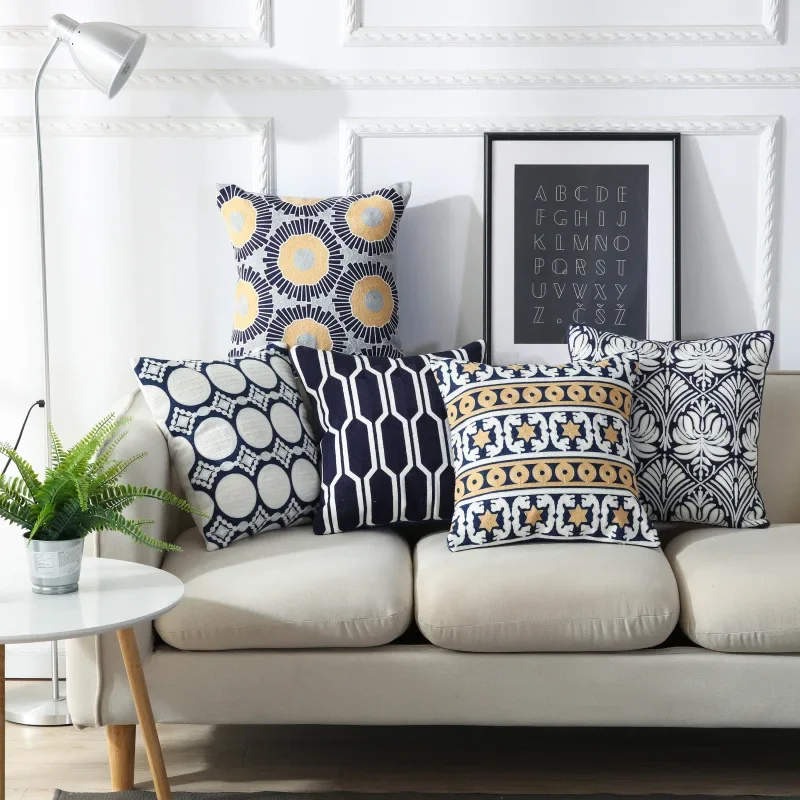 

Home Decoractive Embroidered Cushion Cover Navy Blue Floral Geometric Canvas Cotton Square Embroidery Pillow Cover 45x45cm