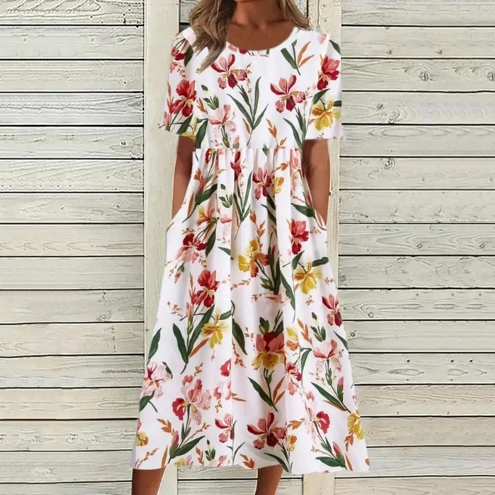 

Midi Dress Charming Breathable O-Neck Women Floral Print A-Line Holiday Dress Streetwear Beach Dress Holiday Dress