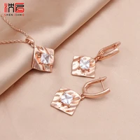shenjiang new fashion geometric 585 rose gold zircon drop earrings jewelry sets for women girl wedding party jewelry gift