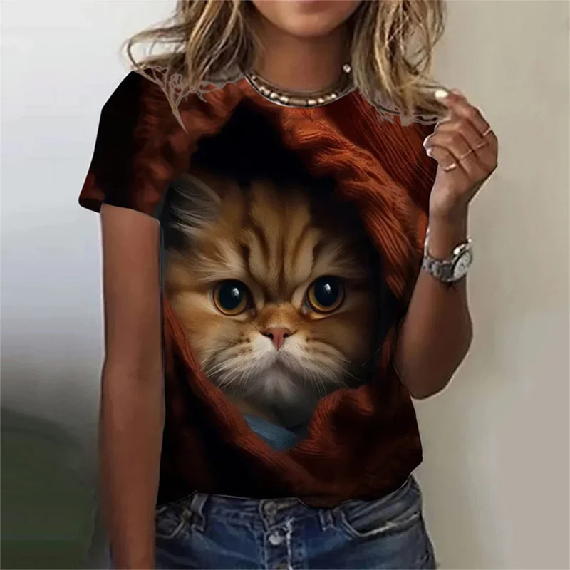 Фото Футболка женская с круглым вырезом, модный топ с 3D-принтом милого кота, с коротким рукавом, Уличная Повседневная простая одежда, на лето №3