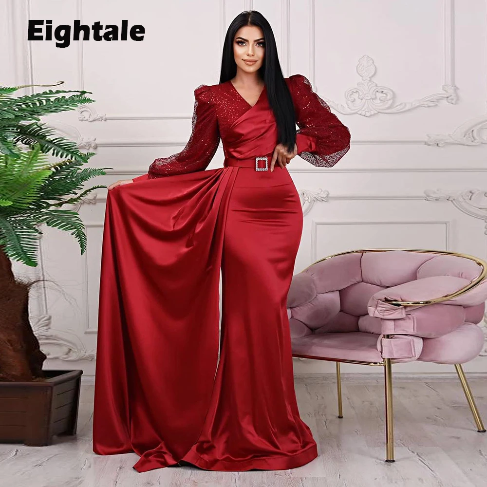 

Eightale Arabic Prom Dresses for Wedding Party V-Neck Sparkly Long Sleeves Mermaid Evening Gowns Red robe longue scintillante