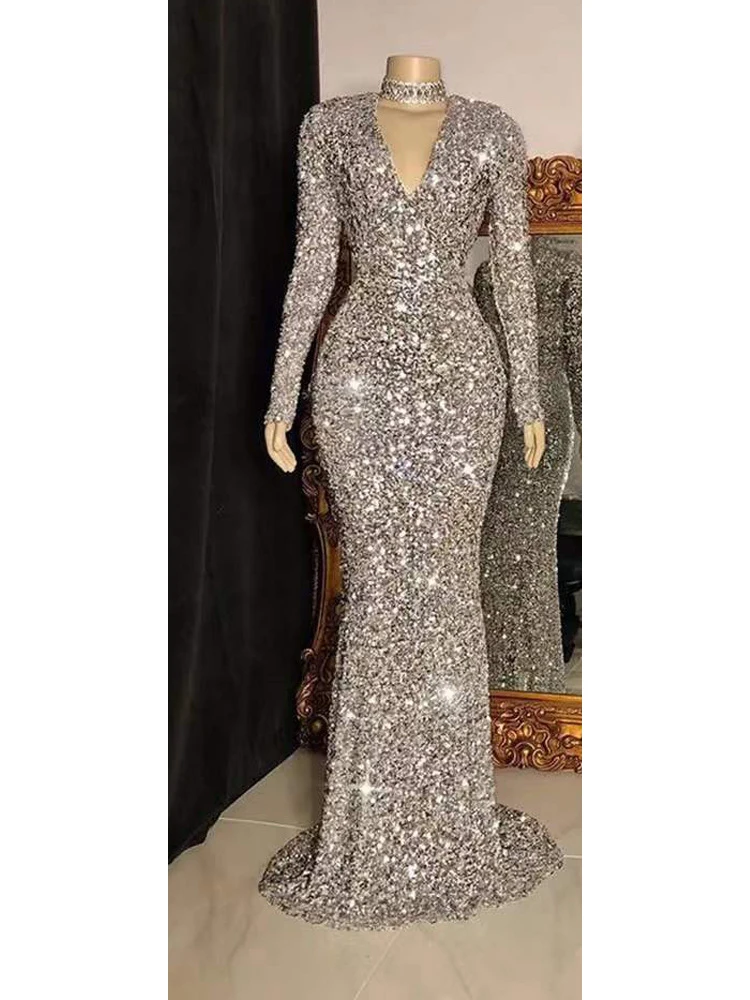 

Chic Shiny Evening Dresses for Women Elegant Party Glitter Robe Luxury Sequins Bodycon Long Celebrity Dinner Gown for Ladies