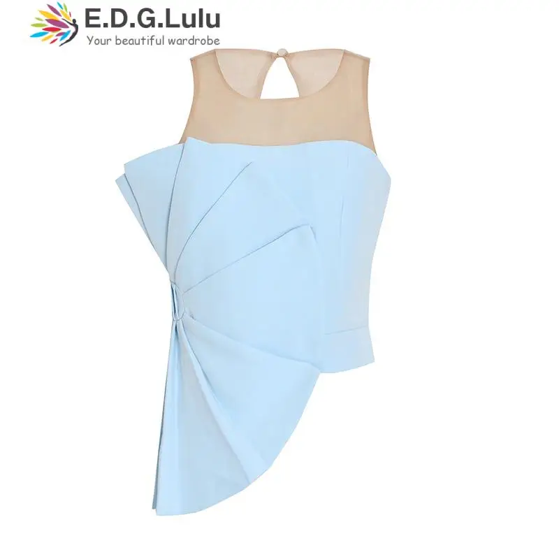 

EDGLuLu Korean Fashion O-neck Mesh See Through Patchwork Crop Top Women Designer Clothing Black White Asymmetric Tank Top 0409