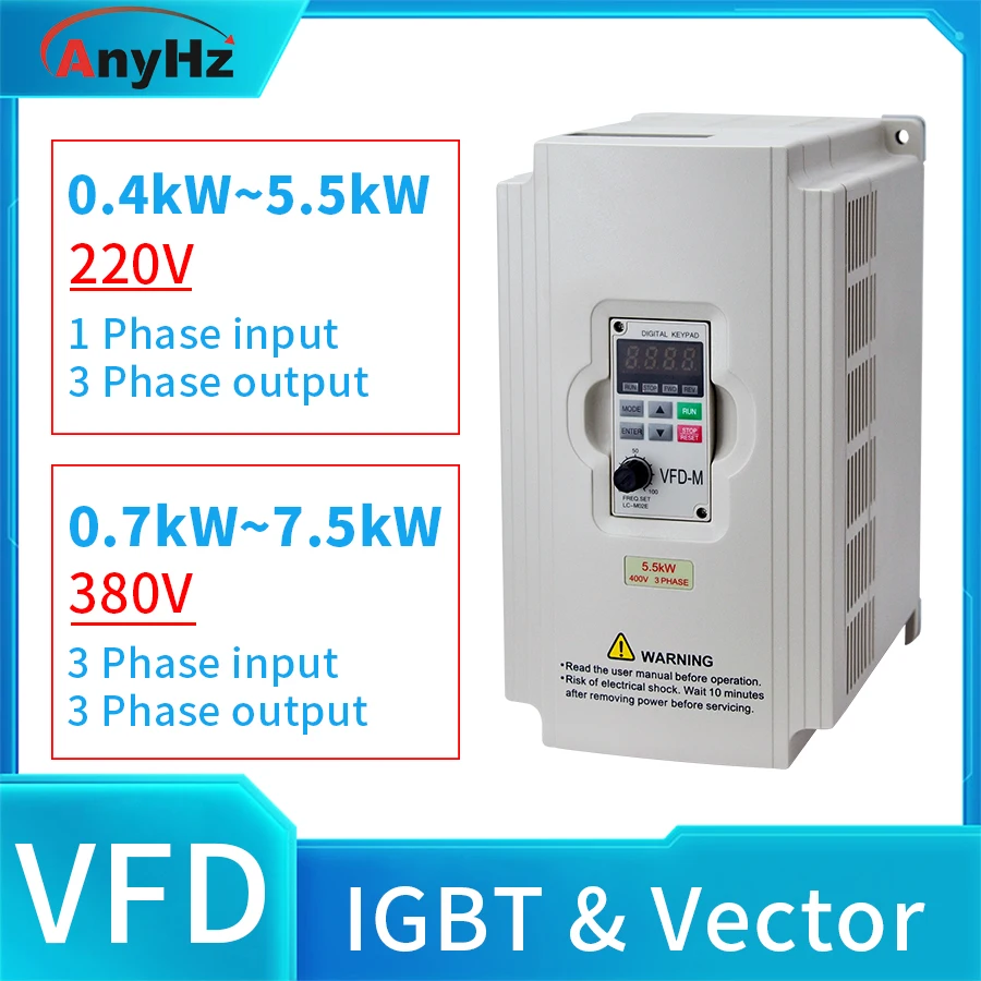 

IGBT Inverter VFD Frequency Converter 2.2kW,4kW,5.5kW,7.5kW 220V Single Phase Input,380V 3Phase Input 50Hz 60Hz Vector Control