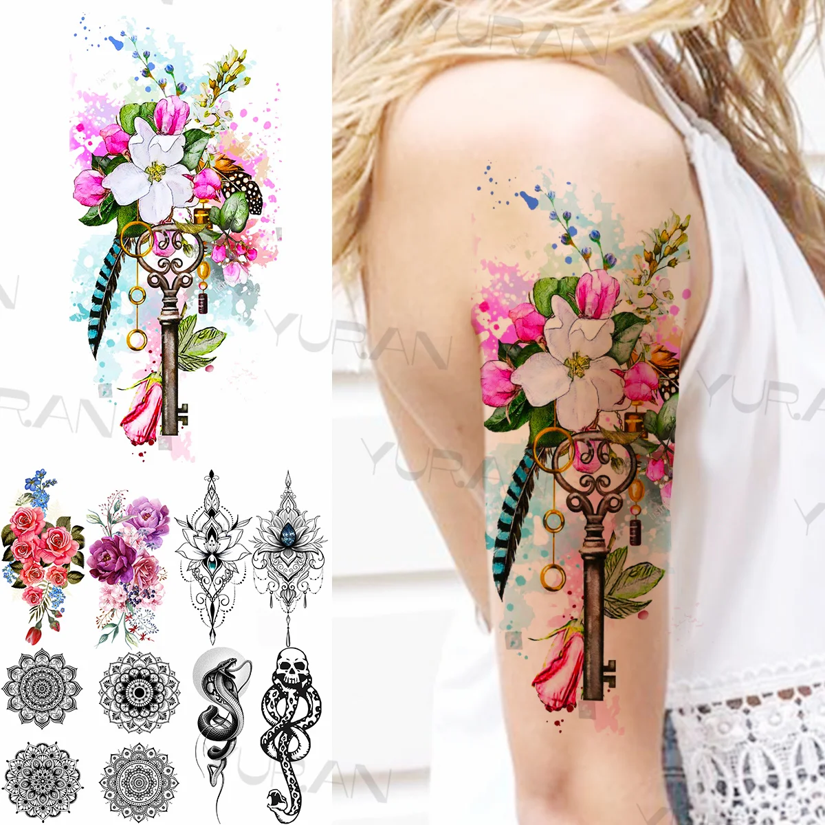 

Colorful Flower Key Temporary Tattoos For Women Realistic Mandala Snake Skull Rose Henna Fake Pendant Tattoo Sticker Arm Tatoos