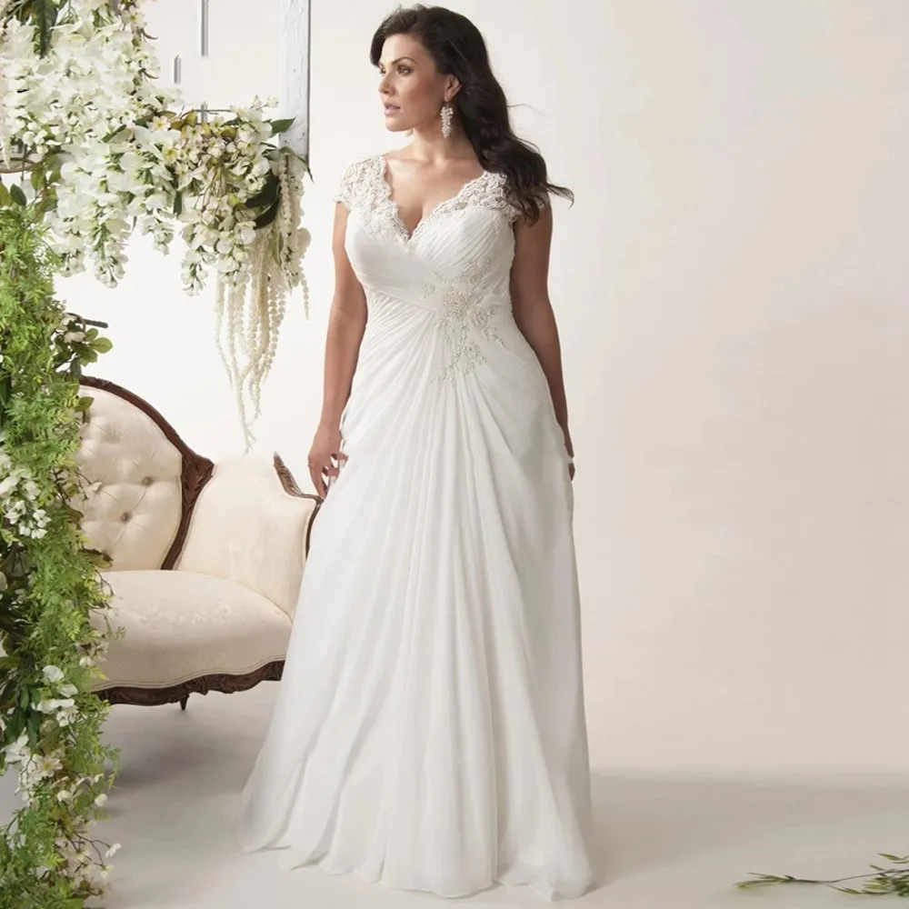 

2022 Elegant Plus Size Wedding Dresses V-neck Cap Sleeves Robe de Mariage Sweep Train Appliqued Open Back Chiffon Bridal Gown