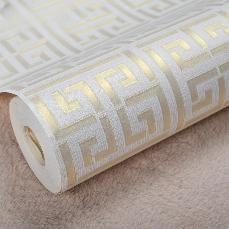 

White Gold Greek Key Pattern White Wallpaper Modern Geometric Metallic Vinyl Wall Paper Roll Teal,Black,Silver,Rose Gold