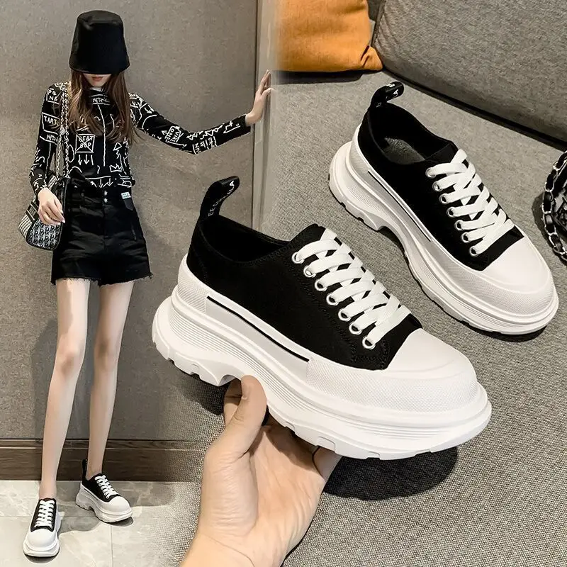 

Кеды женские с высоким верхом, универсальные холщовые повседневные туфли на толстой подошве, на шнуровке, белые, E993, осень 2023