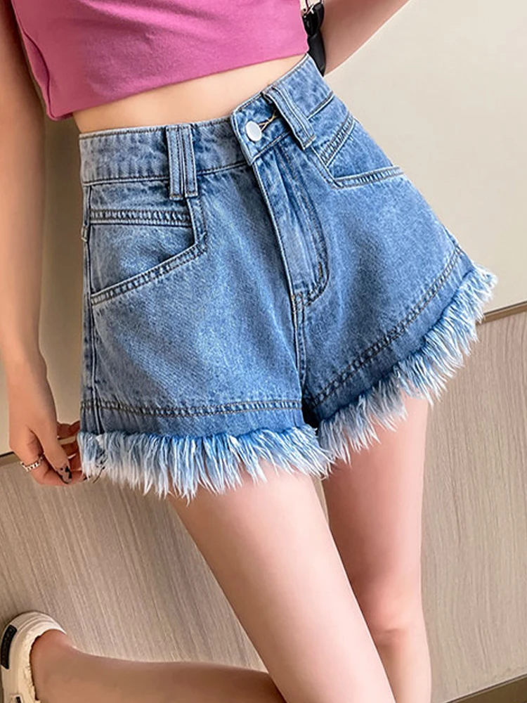 Casual High Waist Tassel Denim Shorts Loose A-Line Hot Pants 2023 Summer New Korean Fashion Women'S Clothing