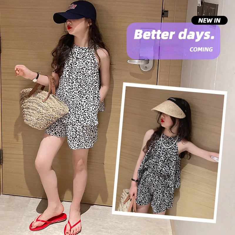 

Girl Clothes Outfits Summer Leopard Print Sleeveless Vest Shorts Two Pieces Kids Clothing Set Teenager Thin Trendy Costume Girls