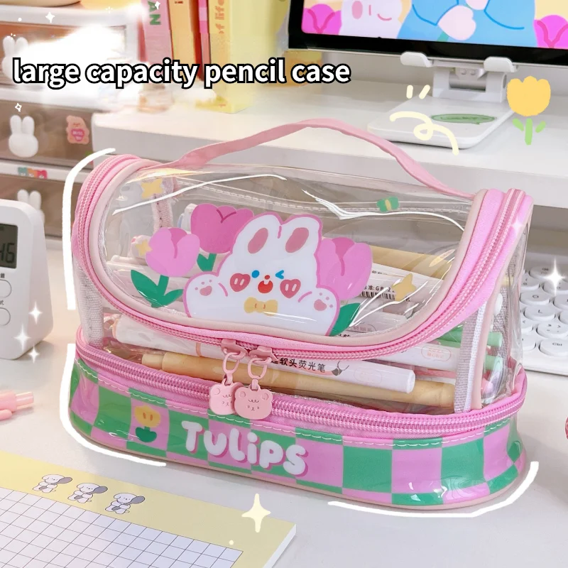 

Симпатичная двухслойная косметичка, органайзер, кавайная вместительная школьная коробка для канцелярских принадлежностей, прозрачная сум...