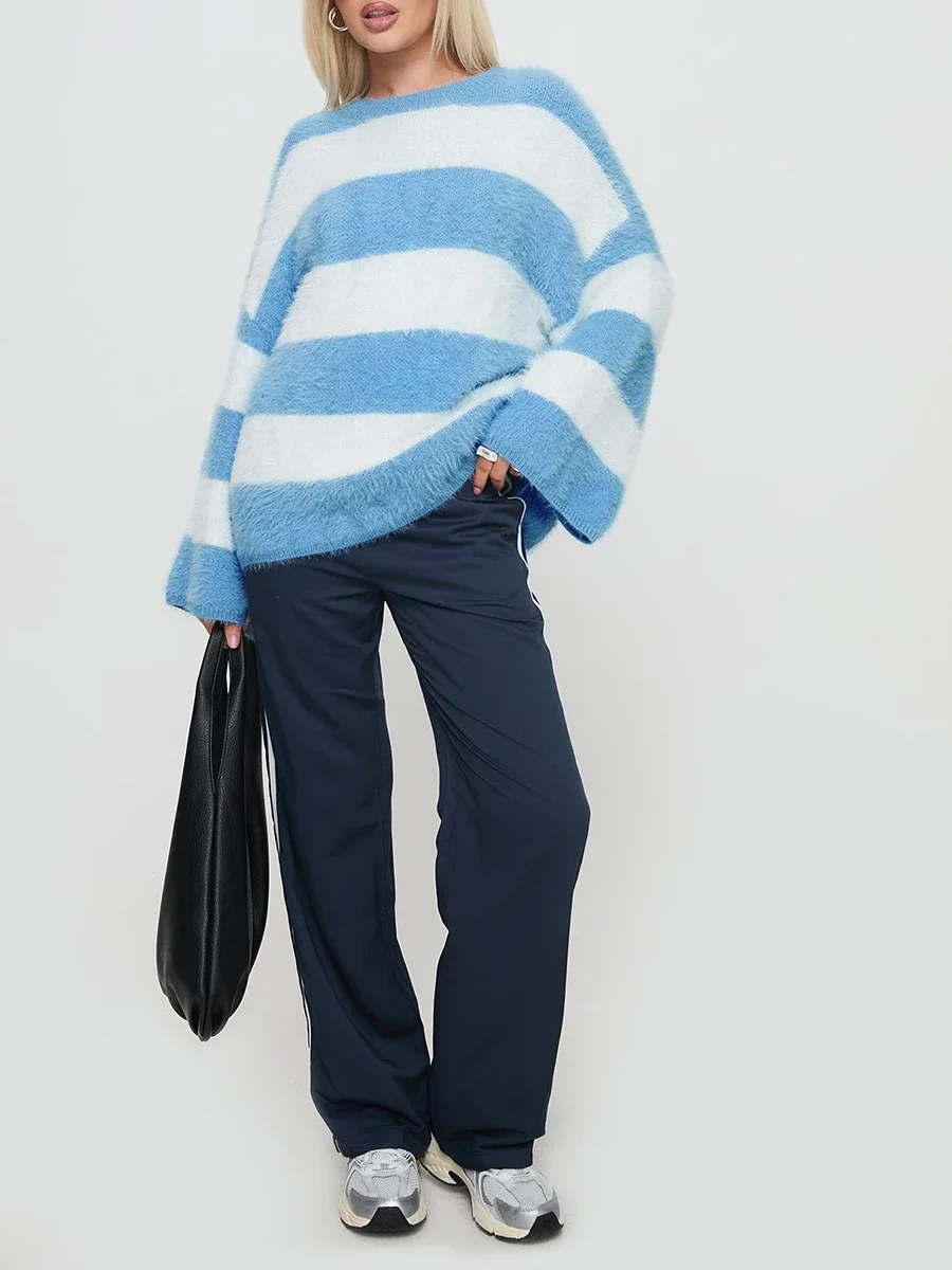 Новые модные женские свободные свитера из мохера с принтом в полоску круглым