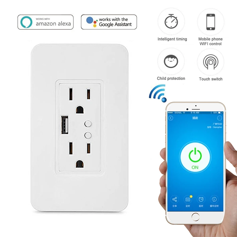 

Smart WiFi Wall Socket with USB Charger Switch Outlet US Plug Works with Alexa Assistant,Nest,No Hub Required