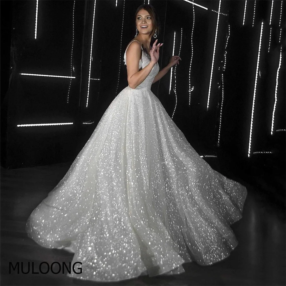 

MULOONG Elegant Ivory Spaghetti Strap Sweetheart Sleeveless Sequined A Line Long Wedding Dress Floor Length Sweep Train Gown