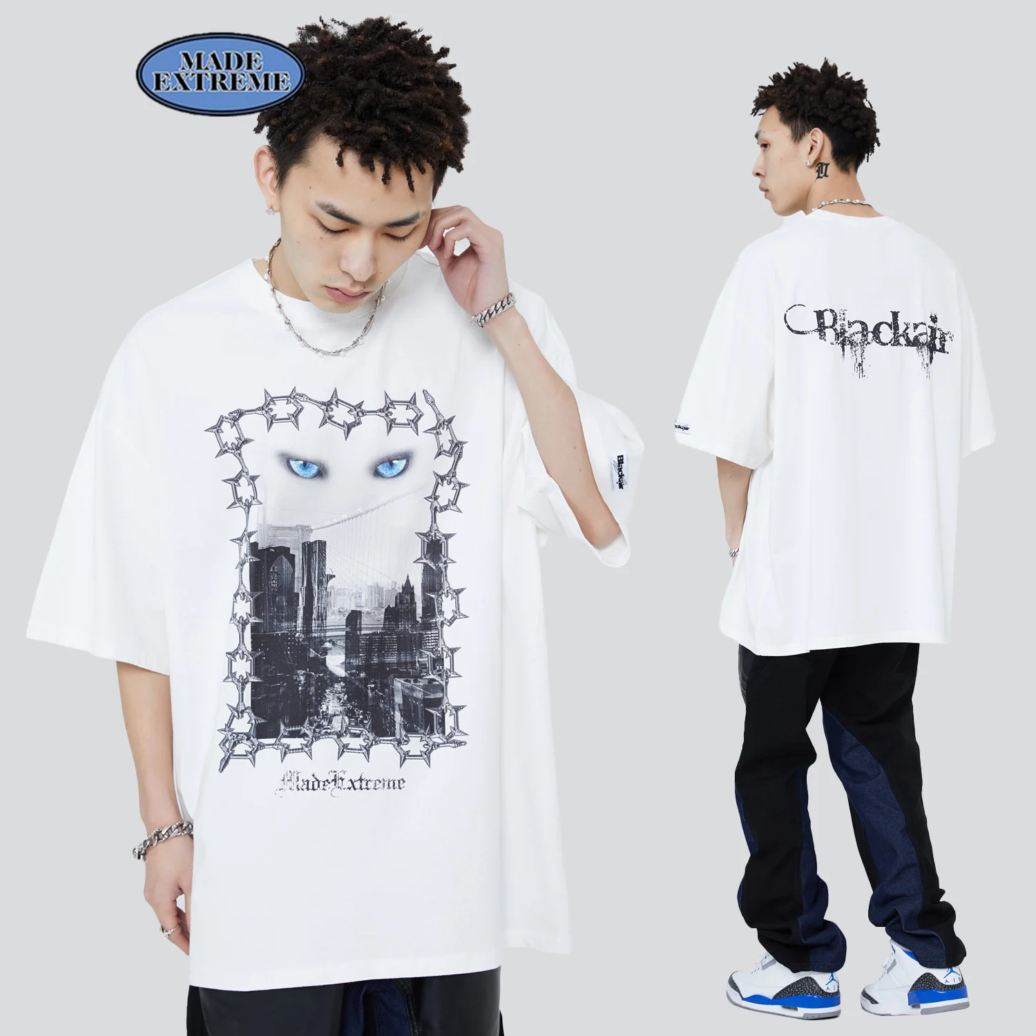 

BLACKAIR vintage distressed devil eyes graphic t shirt men and women street oversized summer new short sleeved t shirt 3610
