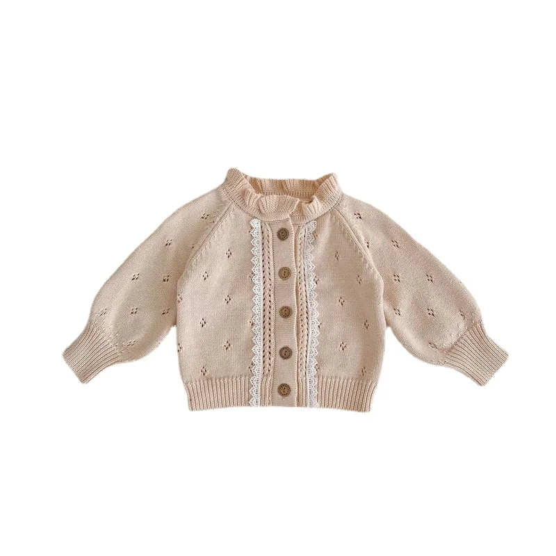 2022 Autumn Baby Girls' Sweet Baita Lace Cardigan Hollow Out Wooden Ear Collar Lace Knitted Coat Knitted Baby Casual Clothes