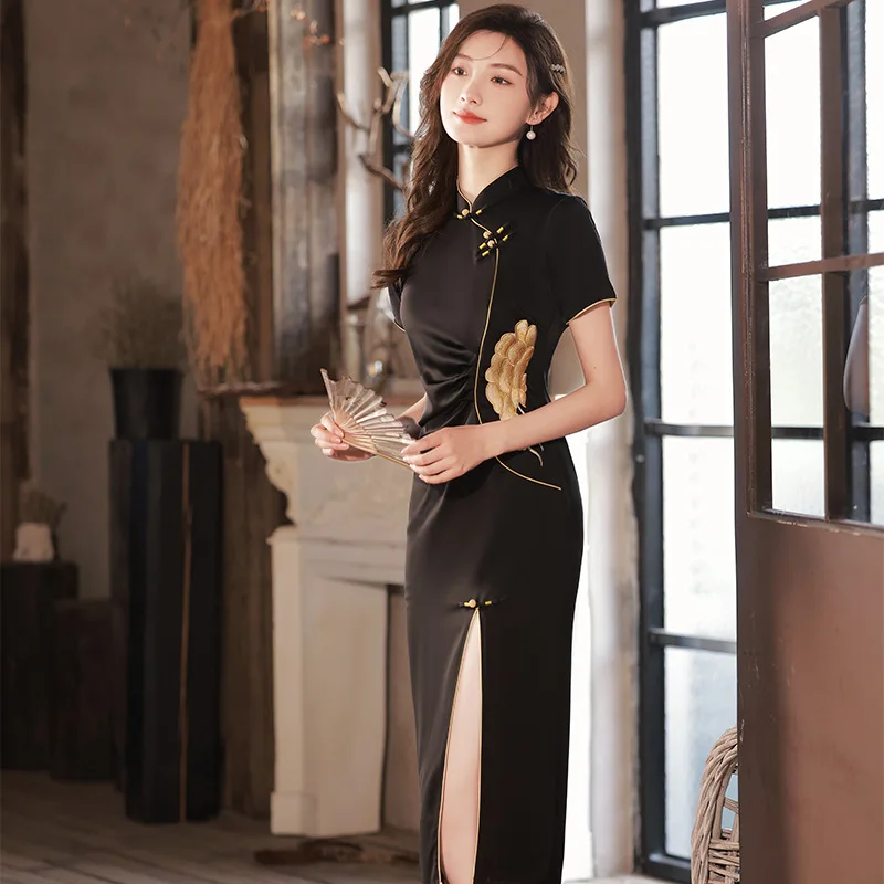 Elegant Black Qipao Satin Party Dressing Gown Improved Cheongsam Sexy Women's Chinese Style Dresses Embroider Flower Vestidos