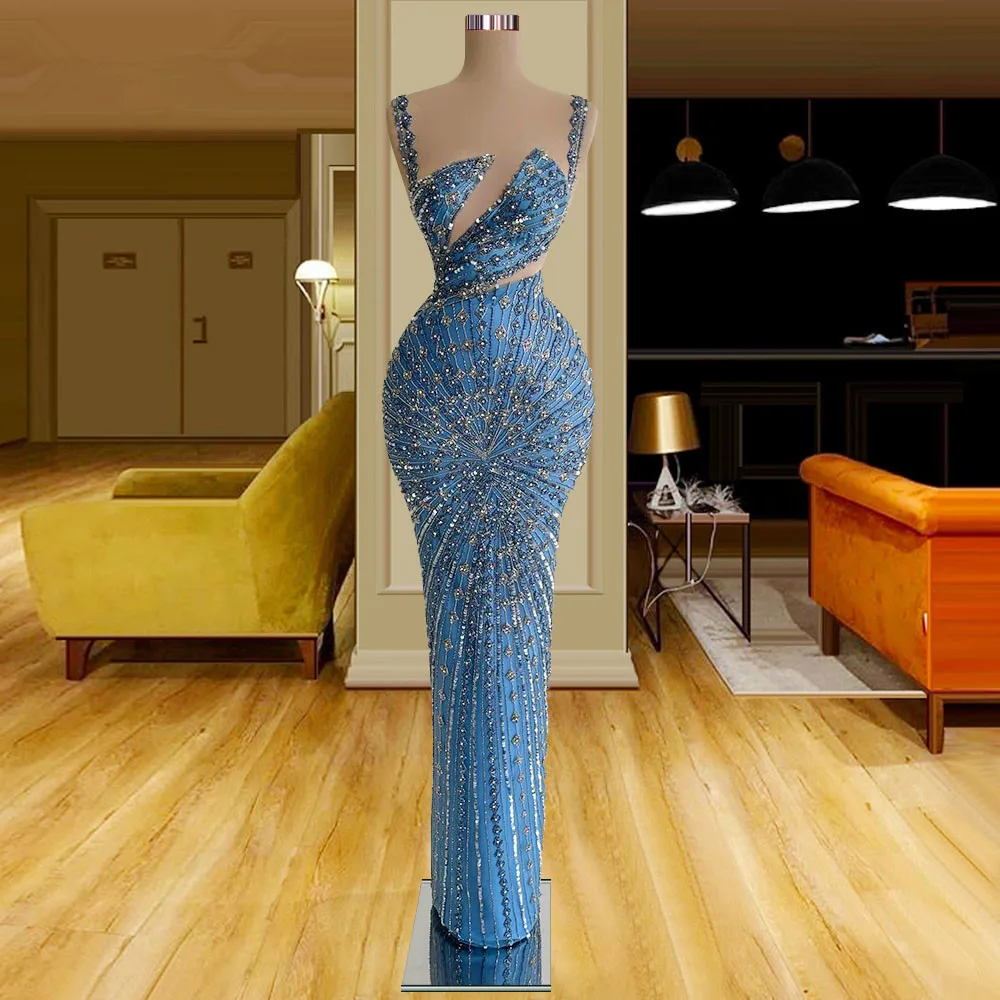 

Royal Sheer Neck Sequined Evening Dresses Sleeveless Lace Appliques Prom Gowns Custom Made Mermaid Party Dresses