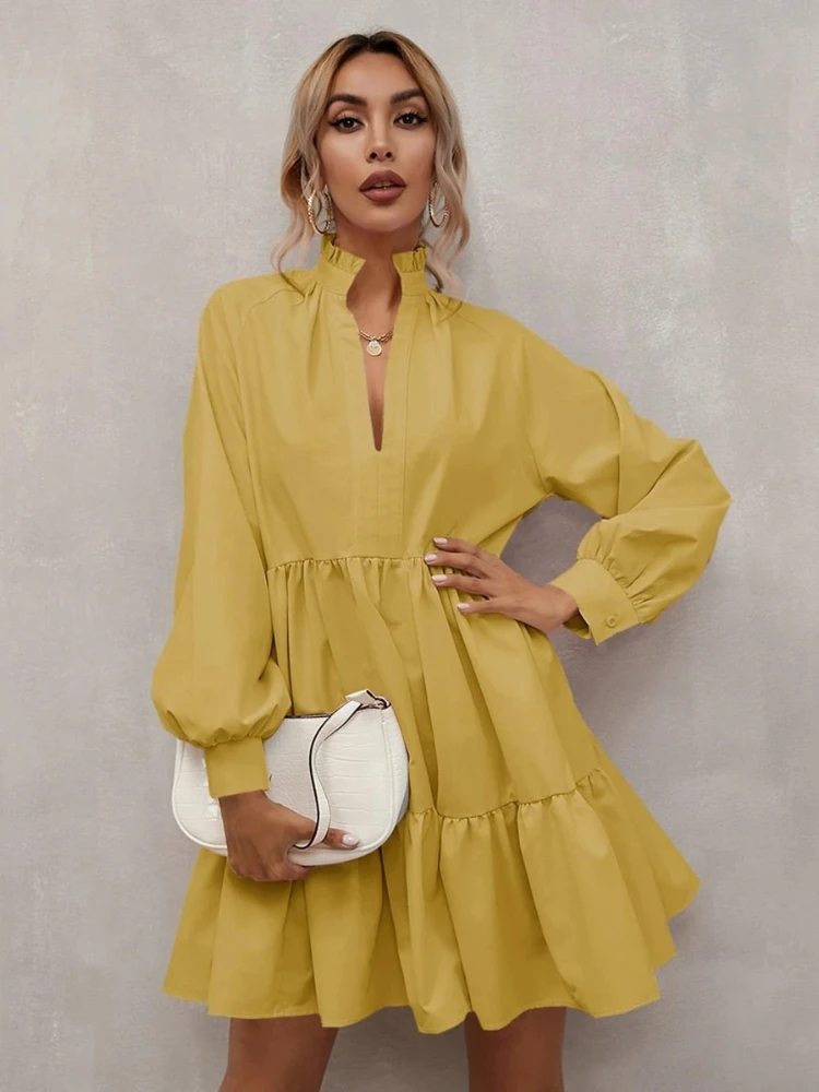 

Summer New Fashion Temperament Women's Fungus Lace Collar Solid Color Ruffled V-neck Lantern Long-sleeved Loose Casual Dress