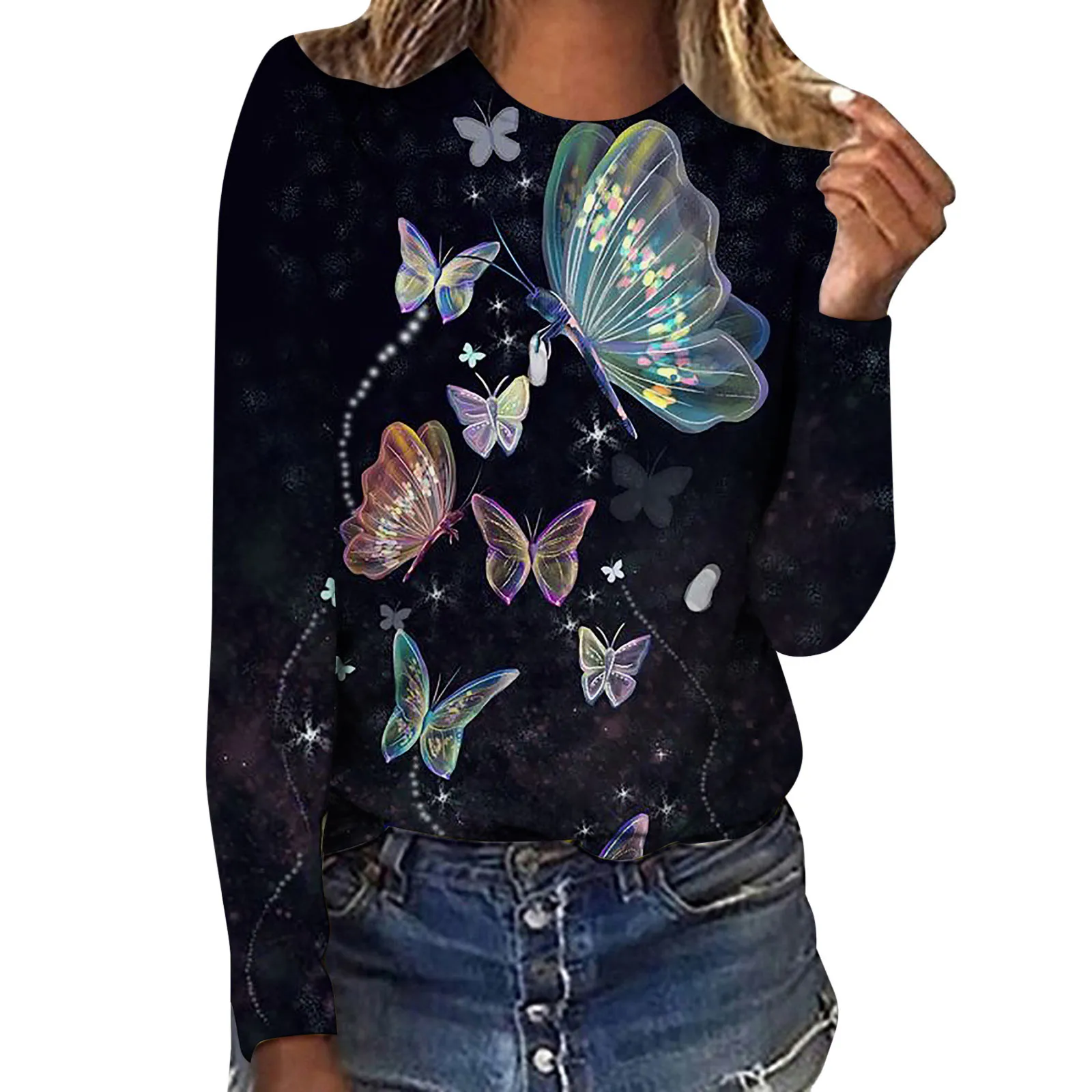 

Women Dressy Tops And Blouses Women Round Neck Long Sleeve Pullover Top Butterfly Print Fashion Casual T Shirt Long Sleeve Tee