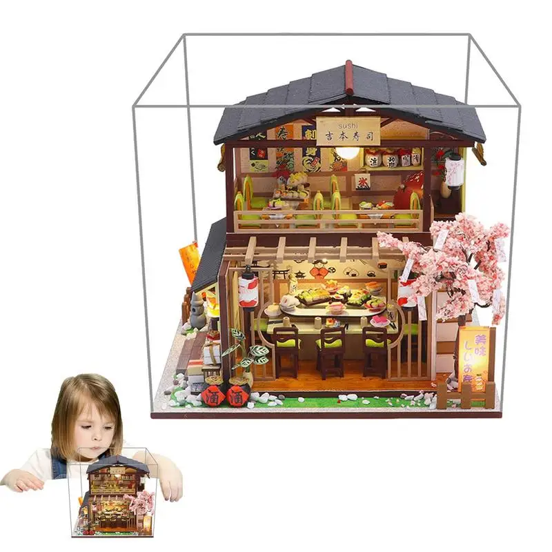 

Miniature House Kit Dustproof DIY Mini House Japanese Sushi Shop Wooden Dollhouse For Teen With Hand-controlled Battery Box
