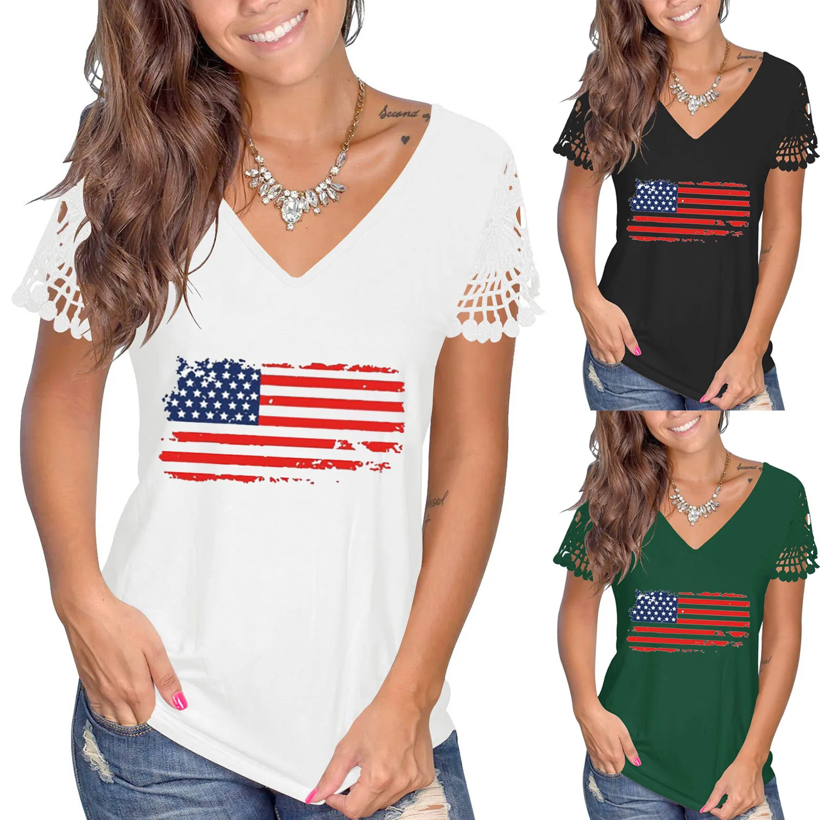 

4 июля патриотические украшения Модные топы День Независимости Лето V-образный вырез кружевные рукава американский флаг Повседневная футболка для женщин