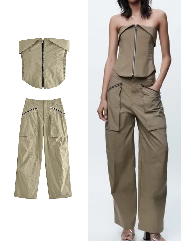 

TRAF 2023 Fashion Women Solid Corset Pant Suit Summer New Slash Neck Back Elastic Design Top With Asymmetric Hem+Pleated Pant