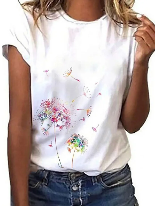 

Women's T shirt Tee White Graphic Dandelion Print Short Sleep Going out Weekend Basic Round Neck Regular Floral