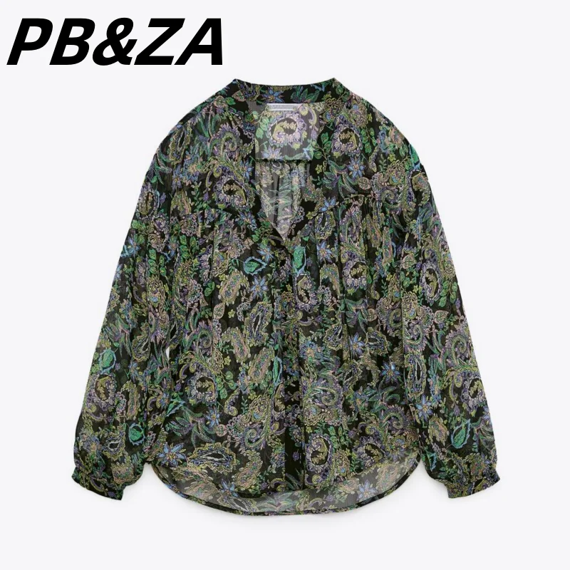 

PB&ZA 2023 New Women's Clothing Temperament Loose and Versatile V-neck Long-sleeved Printed Drape Blouse Trend 2511742