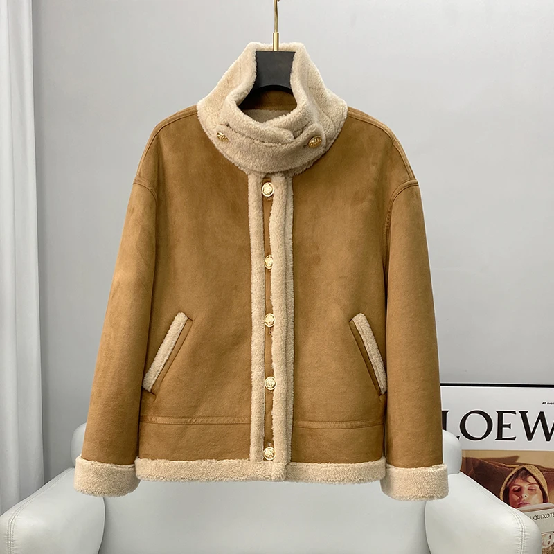 2022 New Winter Women Wool Fur Coat Jackets Warm Double Face Lamb Fur Overcoat Short Sheared Lamb Fur Outwear Clothing