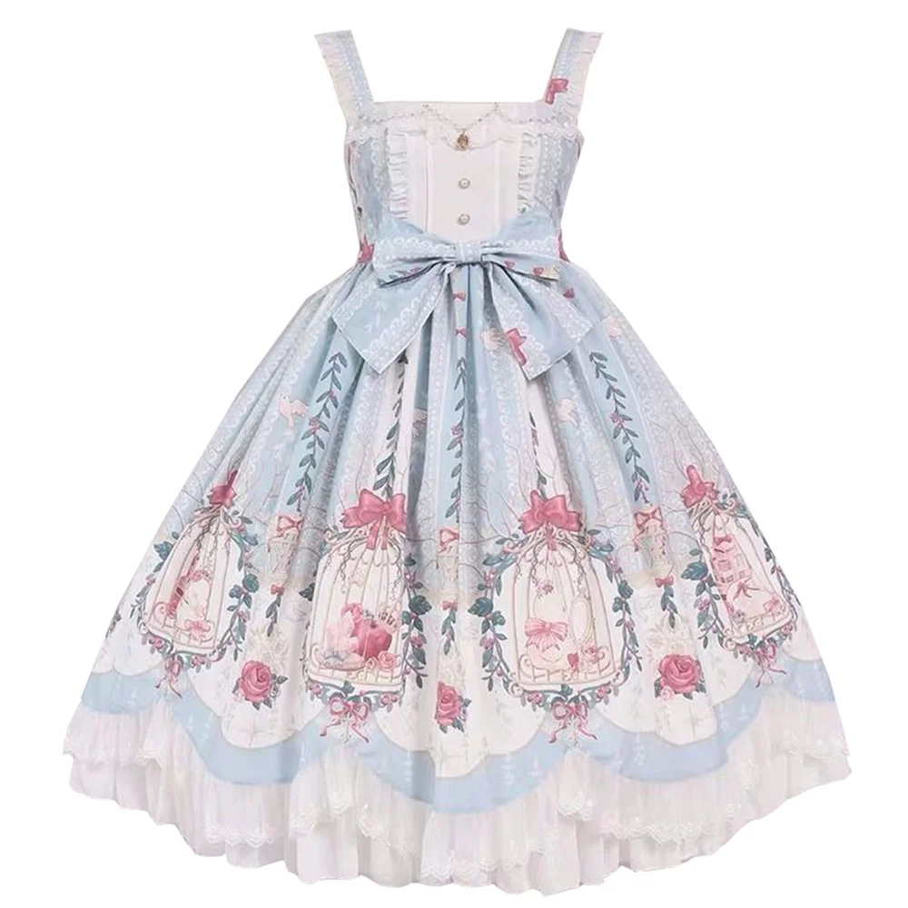 

Sweet Lolita Dress for Women Shoulder Strap Floral Print Princess Dress JSK Skirt with Bowtie