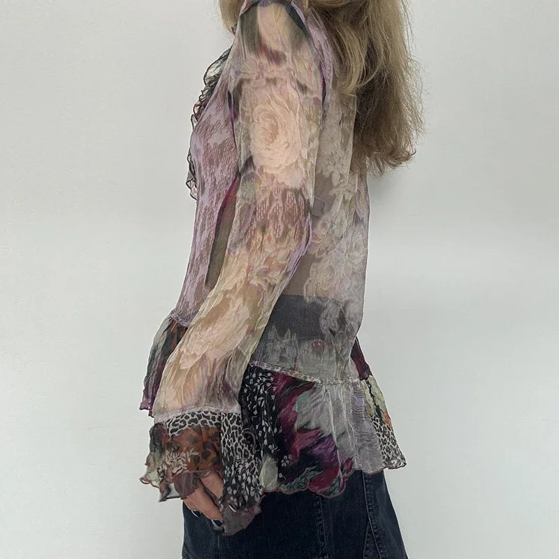 Винтажный сетчатый топ с цветочным принтом привлекательные прозрачные футболки