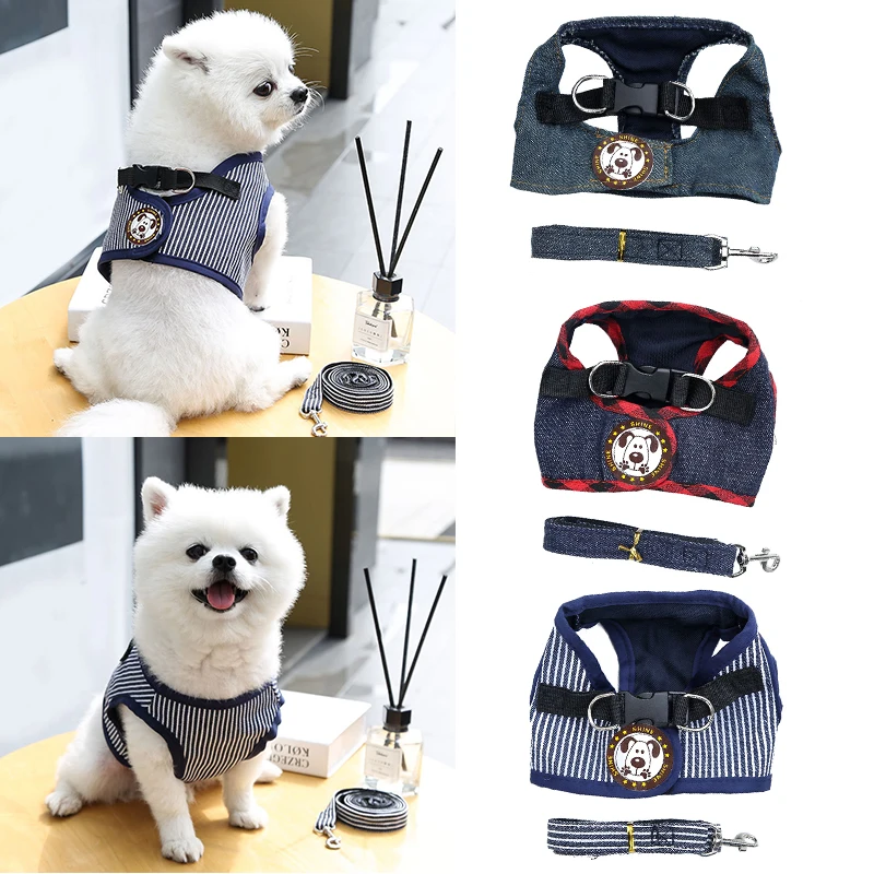 

Pet Harness Cat Dog Traction Rope Dog Training Leashes Chest Lead Leash Pet Chest Strap Denim Durable Two-Piece Suit Strong New