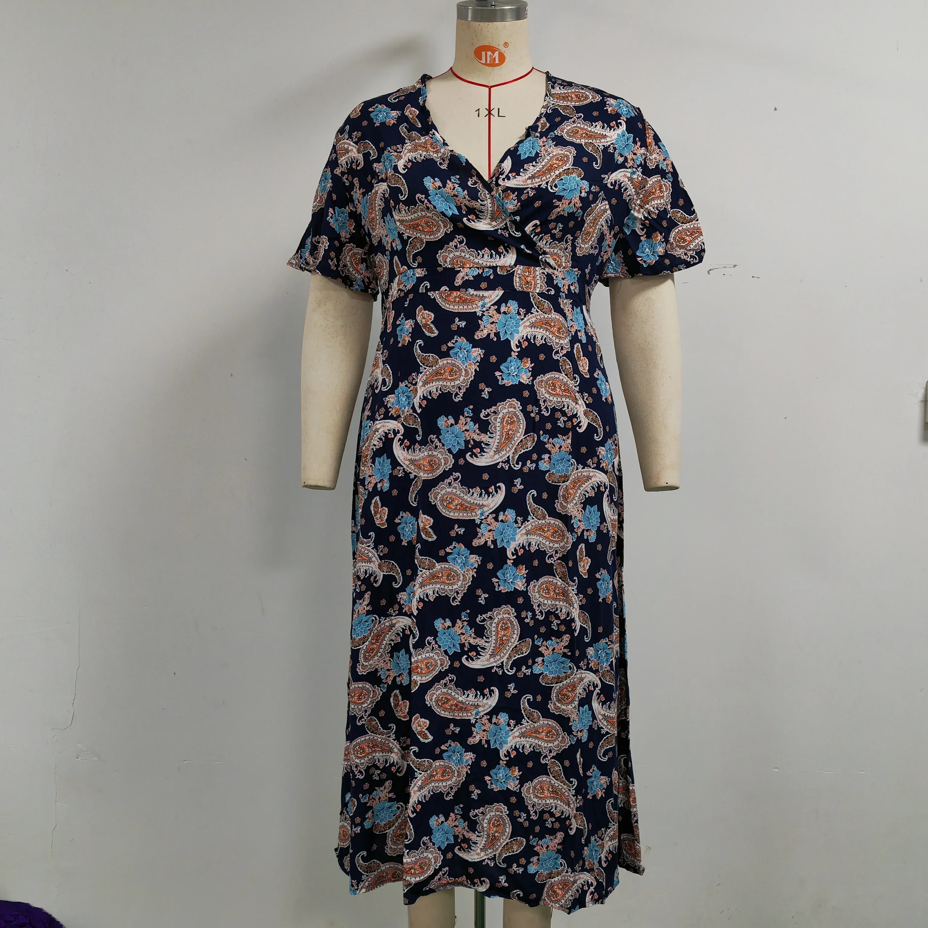 Plus Size Floral Print Short Sleeve Bohemian Summer Viscose Dresses For Women