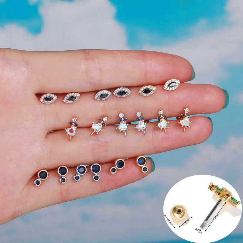 

1Piece Stud Earring for Women Grils Jewelry, Cubic Zirconia Eye Heart Shaped Stainless Steel Earrings, 8mm Bar EGD0342