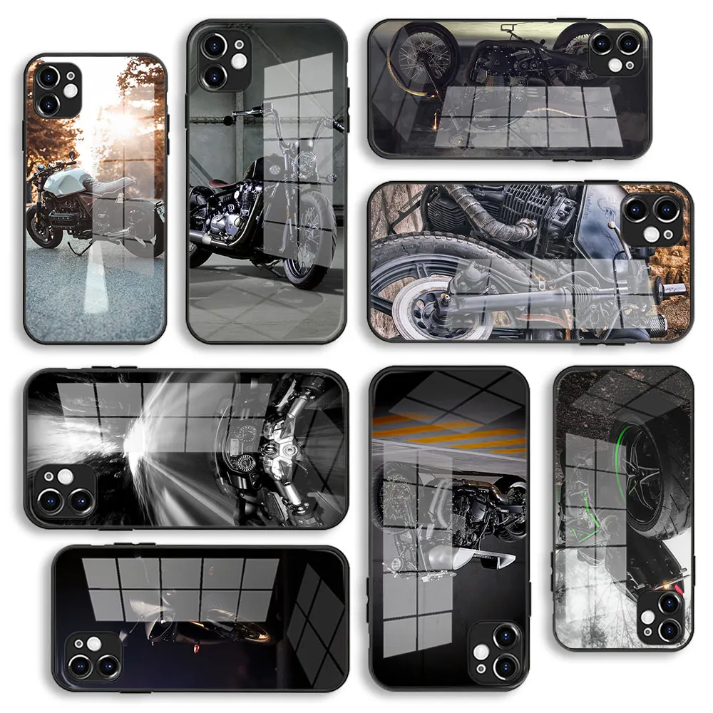 

Lunares Glass Case For iPhone 13 11 12 Mini Pro Max XS XR X 7 8 6 Plus SE Silicone Cover Protection Retro Moto Cross Motorcycle