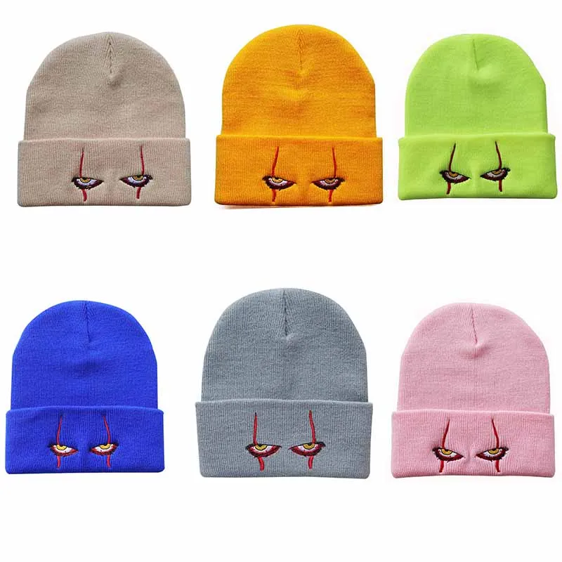 

Pennywise Scary Eyes Knitted Hat Casual Beanie Festival Party Hat Hip Hop Cuffed Skull Funny Cap Halloween Cosplay Girl Boy cap