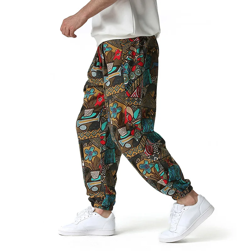 

Cotton Linen Joggers Pants Baggy Men Hip Hop Fashion Nation Print Harem Trousers Mens Hippie Casual Sweatpants Aladdin Pants