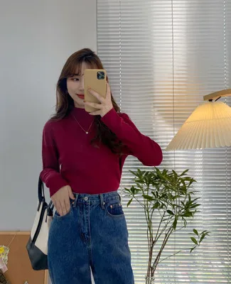 

Top women's short long-sleeved simple loose warm autumn and winter short jacket lady jade girl mid-high collar inner wear