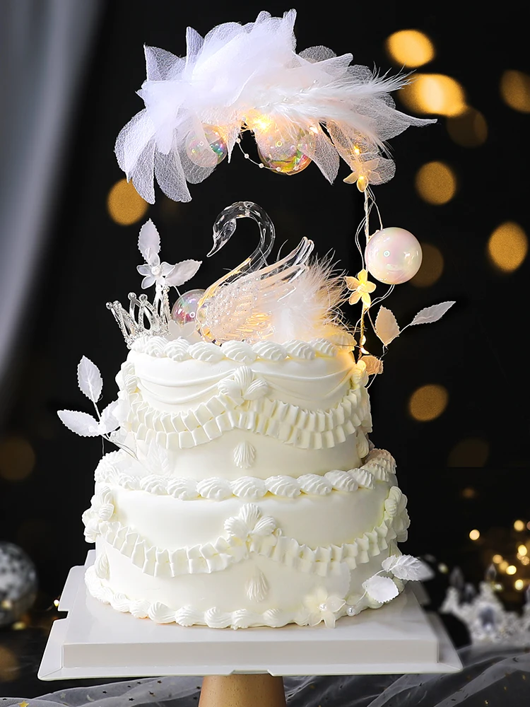 

Swan Feather Crystal Swan Happy Birthday Cake Topper Swan Crown Valentines Day Cake Decorations Plush Birthday Cake Decor Love