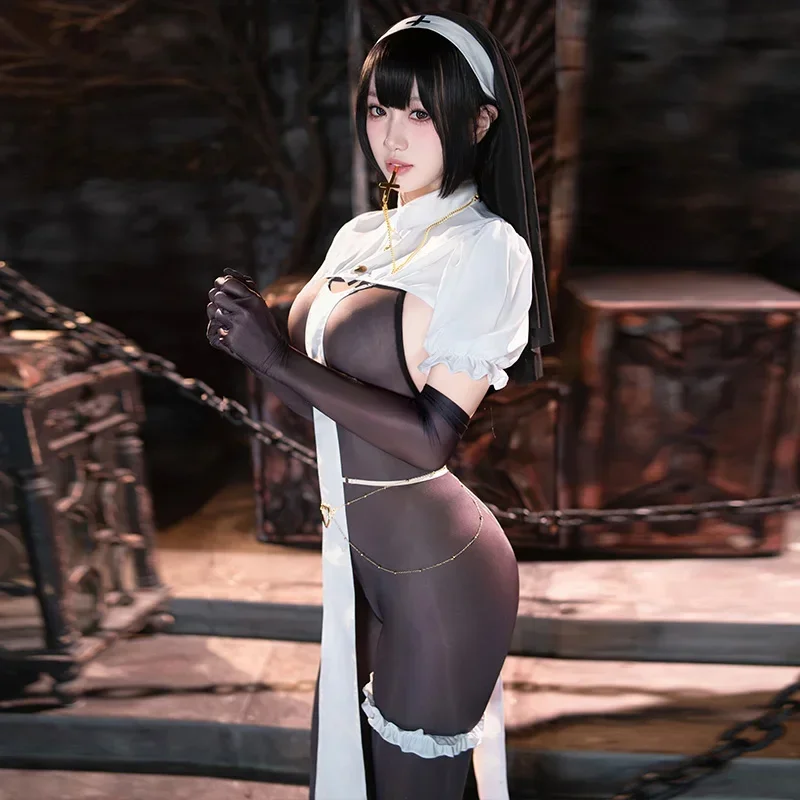 Хэллоуин Шарлотта Монахиня Косплей Костюм Виброзар Сестра Женский Прозрачный