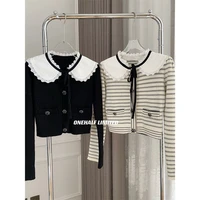 doll collar knitted cardigan womens 2022 early spring new french stripe drill buckle bow tie design sweater