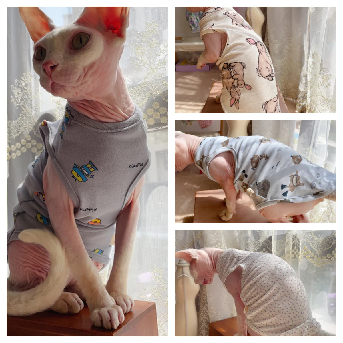 

Fashion Sphynx Cat Vest Hairless Cat Clothes Devon Rex Comfort Cotton Cartoon Coat in Summer Spring Outwear For Pet supplies