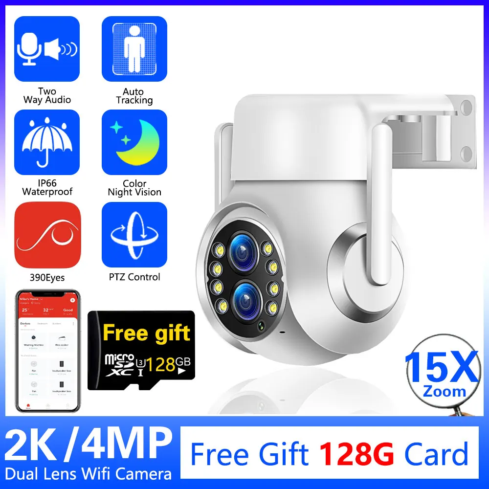 

2K 4MP 15X Zoom Dual Lens WiFi PTZ Camera Outdoor Human Tracking Ai Human Detection Wireless Security Camera Color Night Vision