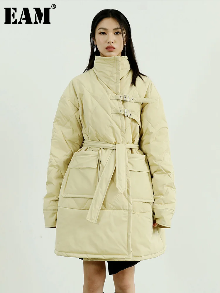 

[EAM] Yellow Bandage Warm Big Size Down Jacket New Turtleneck Long Sleeve Women Parkas Fashion Tide Autumn Winter 2023 1DF4029