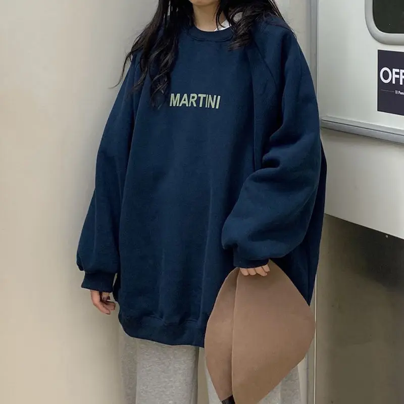 

Round Neck Pullover Long Sleeve Letter Printing Simple Loose Solid Color Lazy Style Autumn and Winter New Fashion Trend Top